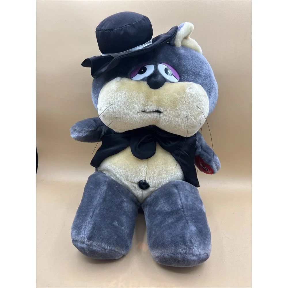 Vintage Gray Cat Plush With Black Bowtie Sad Eyes Purple Eyelids Stuffed Animal